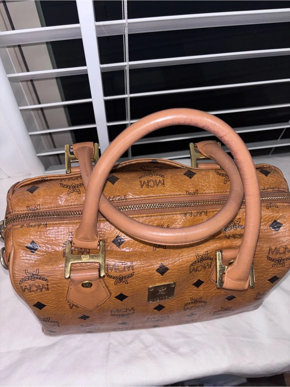 Vintage MCM Cognac Visetos Boston Bag Satchel with Shoulder Strap